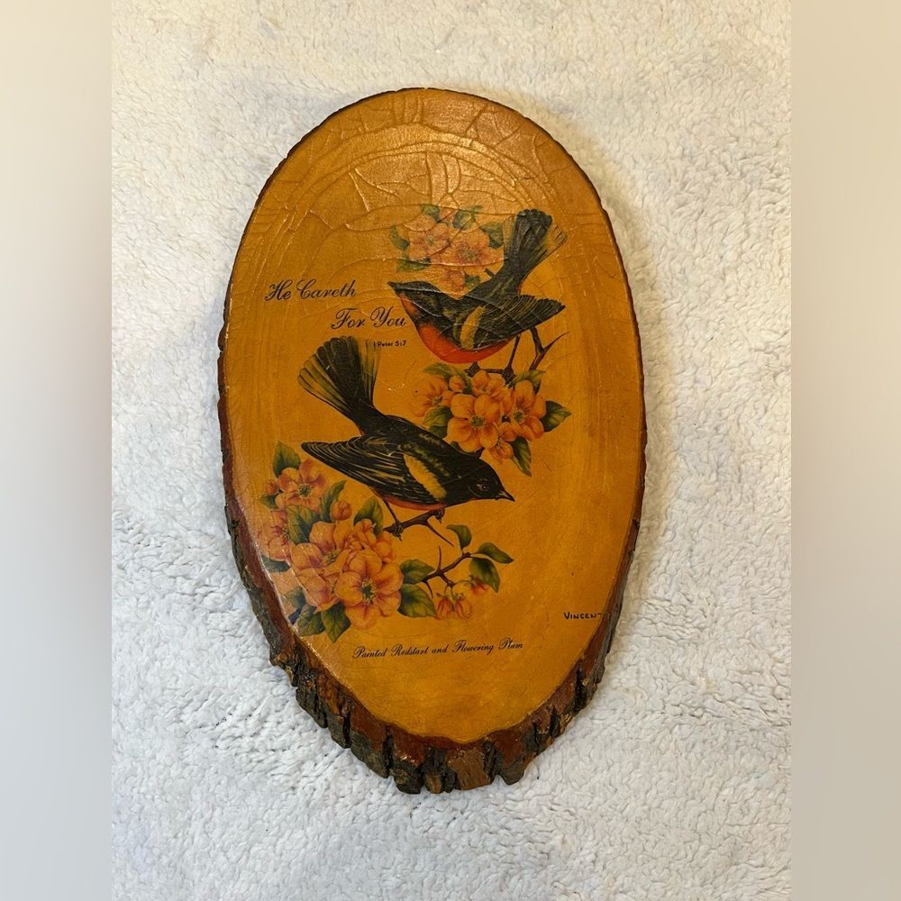 Vintage Woodcut Art Plaque with Birds and Flowers Hook on Back for Display
